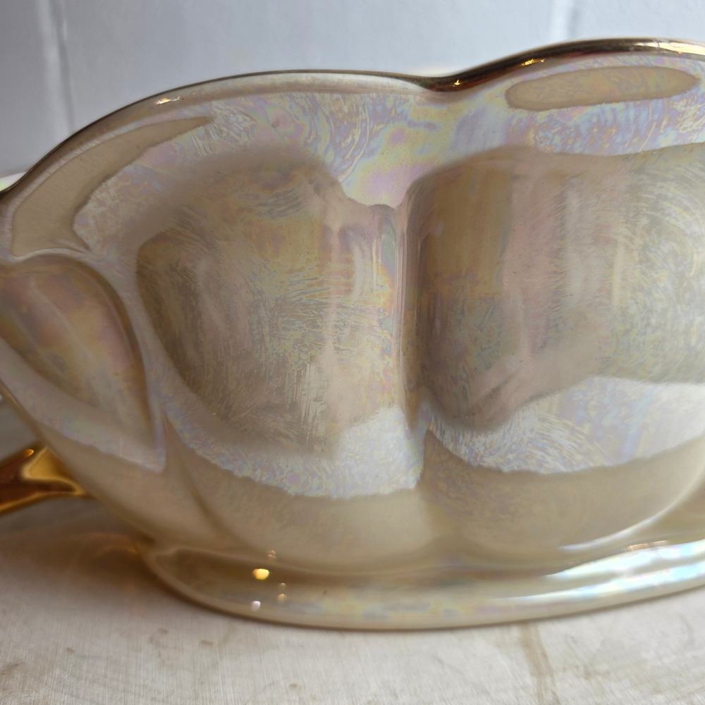 1940s Pearl China Iridescent Console Bowl Scalloped 22K Gold Plated Trim Handles - Picture 3 of 10